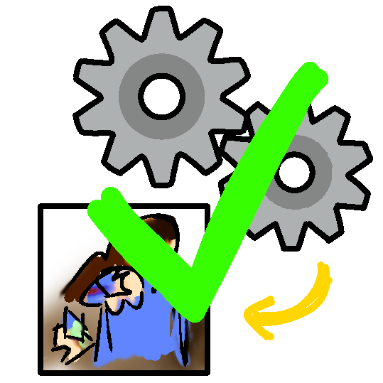 a cartoony drawing of two interlocking gray metal gears with a yellow arrow under them pointing to an ambiguous drawing resembling a caucasian person wearing a blue shirt holding something. the whole drawing has a big green check over it